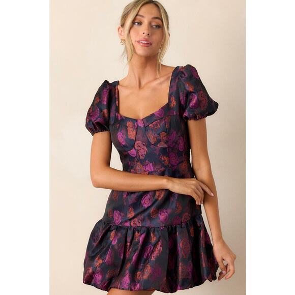 B. Right Women's size Small Navy Blue Pink Metallic Puff Sleeve Mini Party Dress - Picture 1 of 11